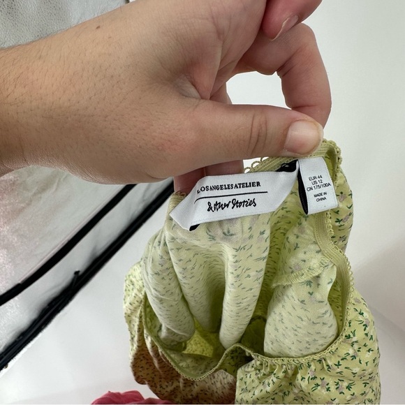 & Other Stories Scoop Neck Puff Sleeve Midi Dress Green Floral Spring Size 12 - Picture 5 of 6